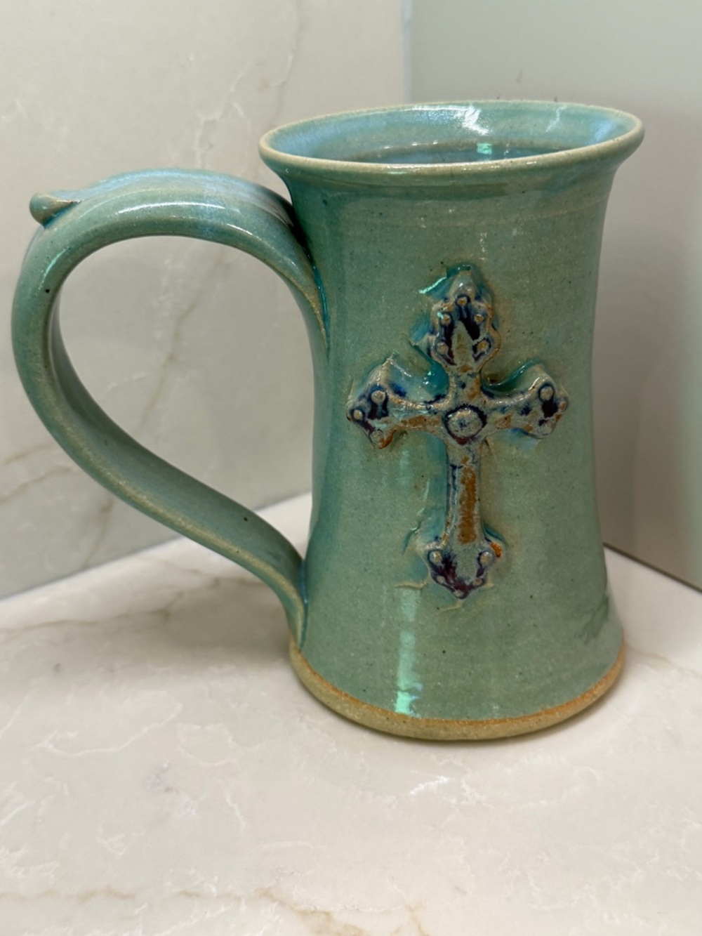 Handcrafted Teal  Ceramic Pottery Cross Mug
